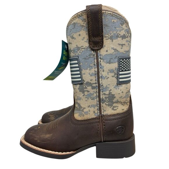 Ariat Kids 8 Western Cowboy Boots 10027279 Brown Camo Flag Leather Square Toe - Picture 6 of 15